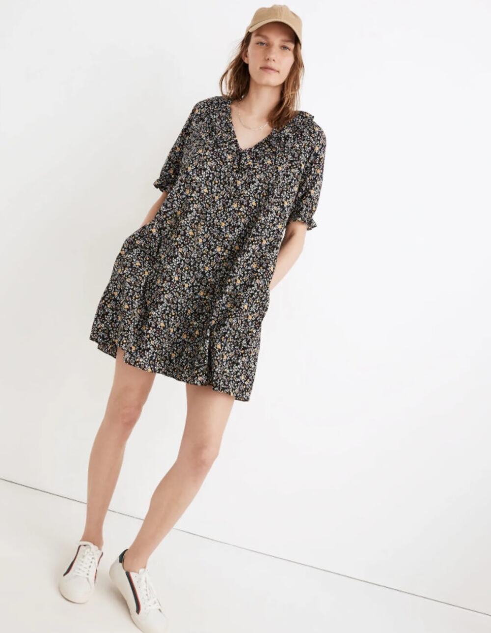 Madewell XXS Black Floral Babydoll Mini Dress V-Neck Ruffle Sleeve Pockets